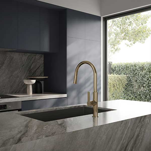 Greens Tapware Astro II Pulldown Sink Mixer Brushed Brass Lifestyle Image - The Blue Space