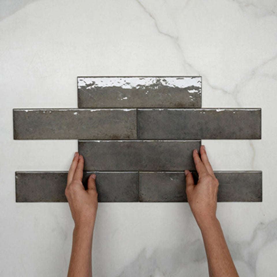 Grey Andrea Subway Tile Textural Gloss 75 x 300 x 8mm Italian Porcelain