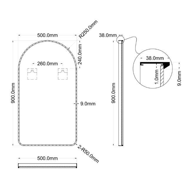 Ingrain Arch Shaped Brushed Nickel Framed Mirror 500mm by 900mm
