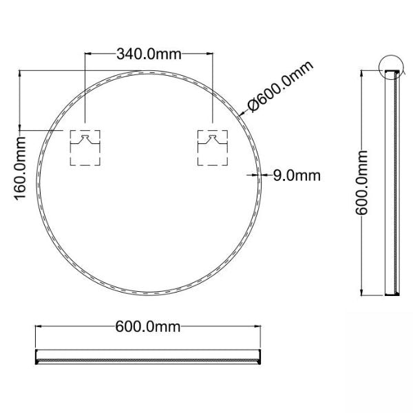 INGRM60-MB | Ingrain Round Matte Black Framed Mirror 600mm Technical Drawing