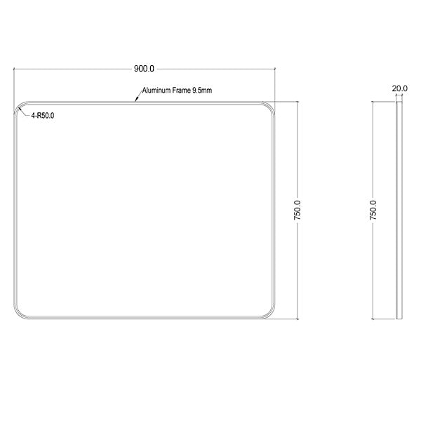 INGLM7590-BN | Ingrain Rectangle Brushed Nickel Framed Mirror 750mm by 900mm | Line Drawing - The Blue Space