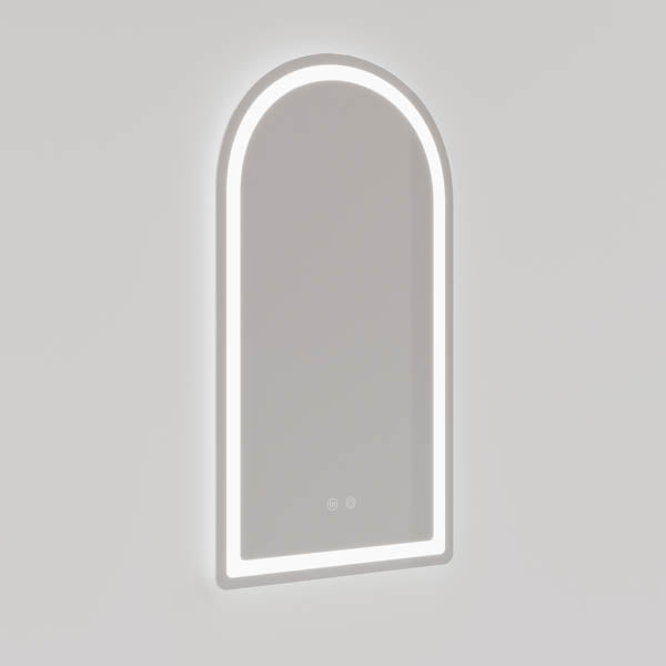 INDAM5090 | Ingrain 500mm by 900mm Arch Shaped Frontlit and Backlit Mirror with Touch Sensor and Demister Pad Frameless | Product Image
