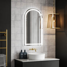 INDAM5090 | Ingrain 500mm by 900mm Arch Shaped Frontlit and Backlit Mirror with Touch Sensor and Demister Pad Frameless