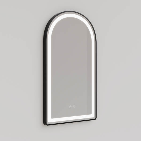 INIAM5090-MB | Ingrain 500mm by 900mm Arch Shaped Frontlit Mirror with Touch Sensor and Demister Pad with Matt Black Frame | Product Image
