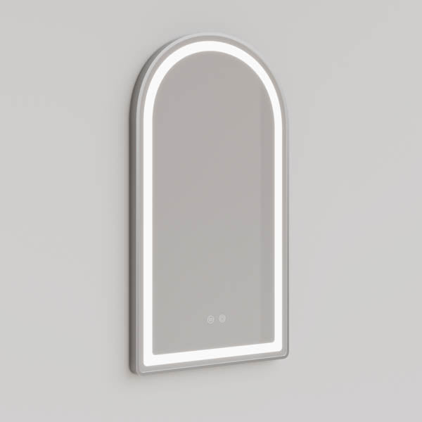 INIAM5090-BN | Ingrain 500mm by 900mm Arch Shaped Frontlit Mirror with Touch Sensor and Demister Pad with Brushed Nickel Frame | Product Image