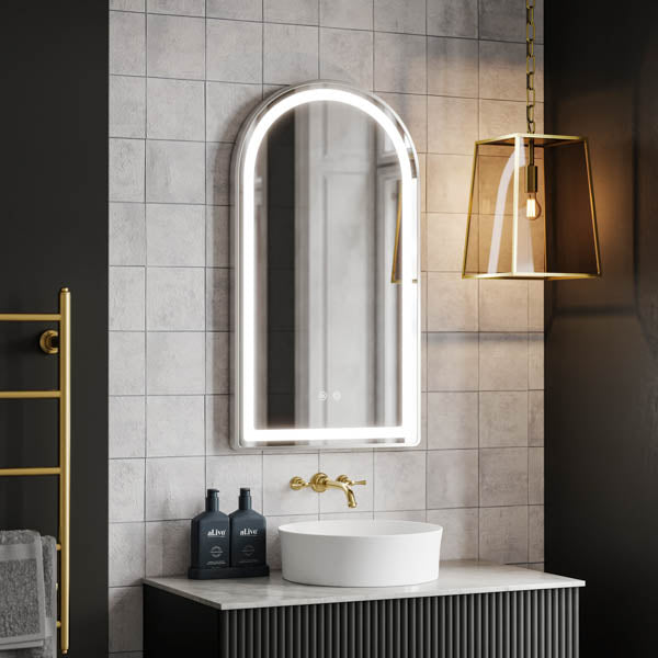 INIAM5090-BN | Ingrain 500mm by 900mm Arch Shaped Frontlit Mirror with Touch Sensor and Demister Pad with Brushed Nickel Frame