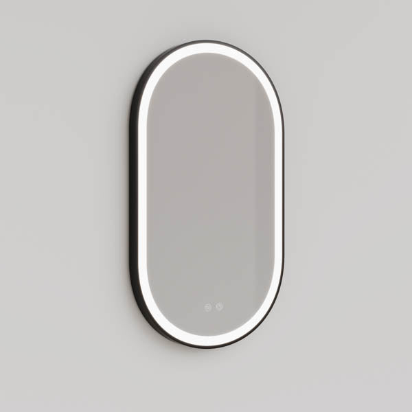 INDOM5085-MB | Ingrain 500mm by 850mm Pill Shaped Frontlit Mirror with Touch Sensor and Demister Pad with Matt Black Frame | Product Image