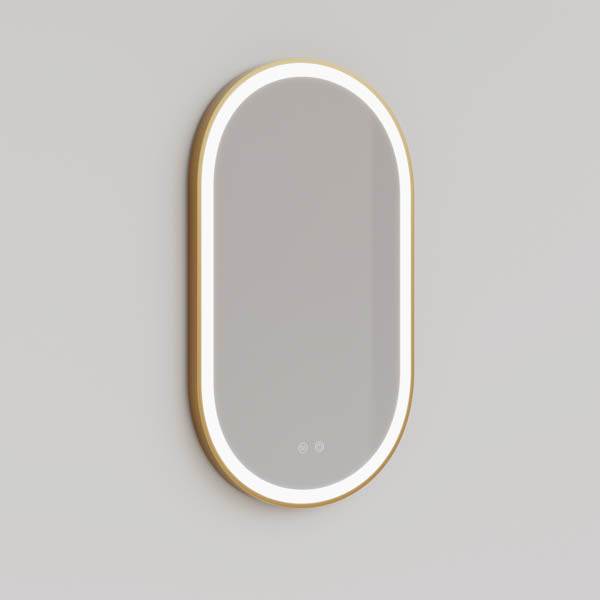 INDOM5085-BB | Ingrain 500mm by 850mm Pill Shaped Frontlit Mirror with Touch Sensor and Demister Pad with Brushed Brass Frame | Product Image