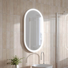 INDOM5085-BN | Ingrain 500mm by 850mm Pill Shaped Frontlit Mirror with Touch Sensor and Demister Pad with Brushed Nickel Frame