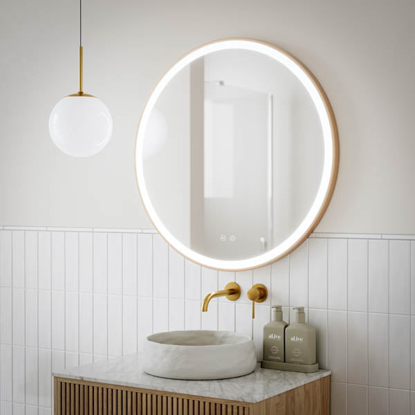 INLRM80-BB | Ingrain 800mm Round Frontlit Mirror with Touch Sensor and Demister Pad - Brushed Brass Aluminum frame