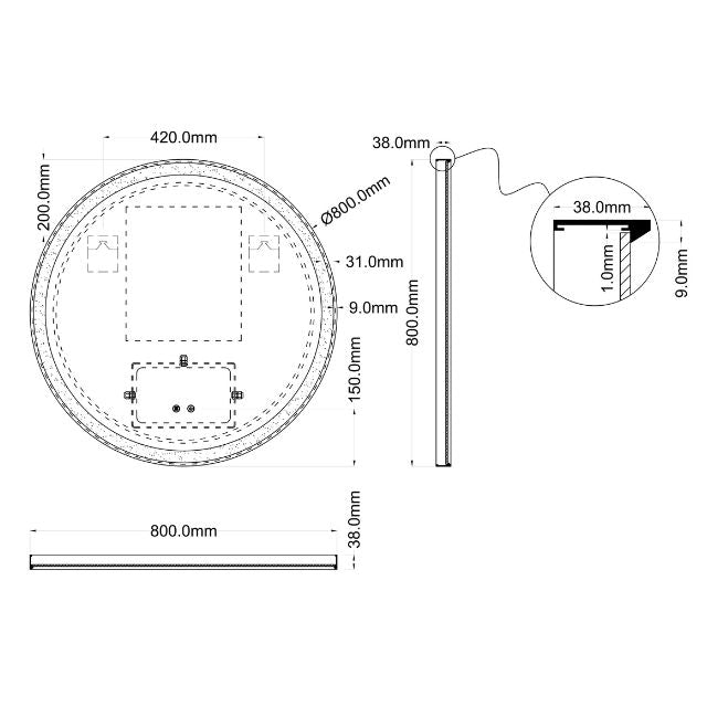 Ingrain Round Matte Black Framed Frontlit LED Mirror
