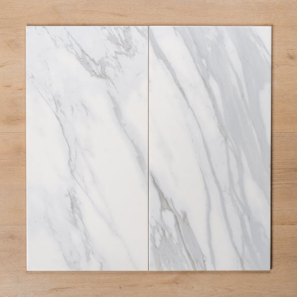 Kings Marble Carrara White Satin Cushioned Edge Ceramic Tile 300x600mm