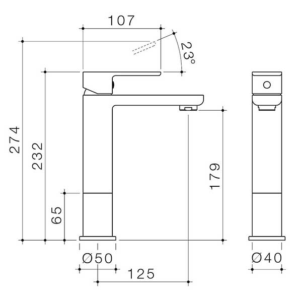 Caroma Luna Mid Basin Mixer Technical Drawing - The Blue Space