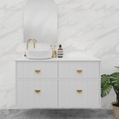 Marquis Anna Wall Hung Vanity 900mm Offset Vanity in Matte White Cabinet Finish, Symphony Blanco Benchtop, Brass Half Moon Handles, Paco Matte White Basin and 1 taphole - The Blue Space