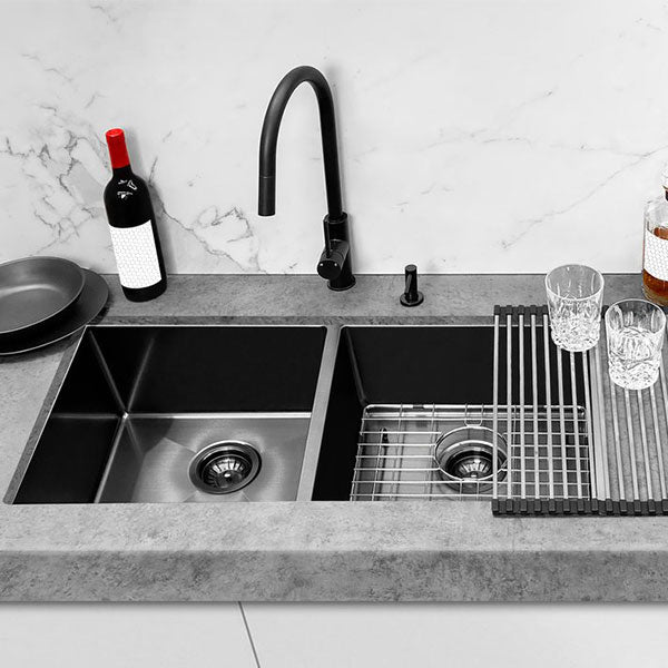 Meir Double Bowl PVD Kitchen Sink 860mm Gunmetal Black - The Blue Space