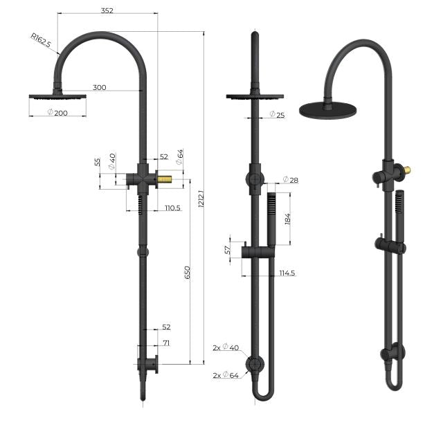 Meir Gooseneck Shower Set with 200mm Rose, Three-Function Hand Shower Champagne