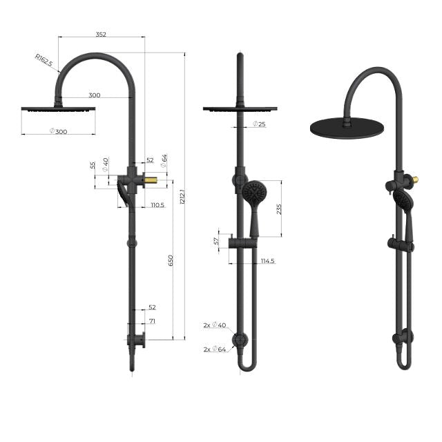 Meir Gooseneck Shower Set with 300mm rose, Three-Function Hand Shower Champagne