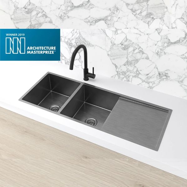 Meir Kitchen Sink Double Bowl 1160x440 Gunmetal Black features Gunmetal Sink mixer | The Blue Space
