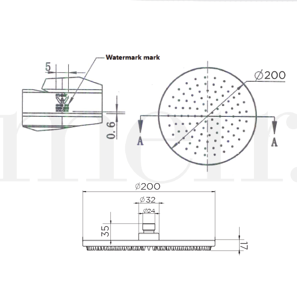 Meir Round Rain Shower Head 300mm Technical Drawing  - The Blue Space