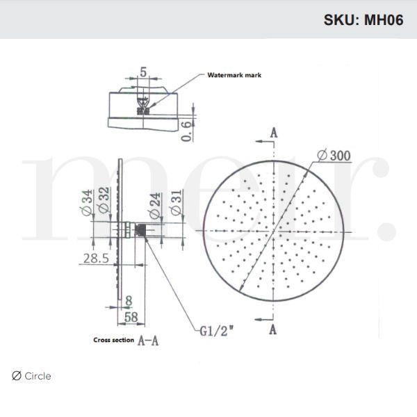 Meir Round Shower Head 300mm Technical Drawing - The Blue Space