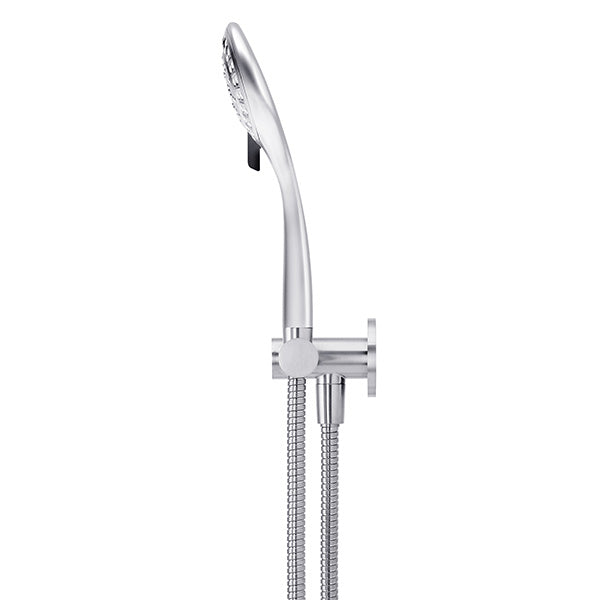 Meir 3 function hand shower on swivel outlet, side view - The Blue Space