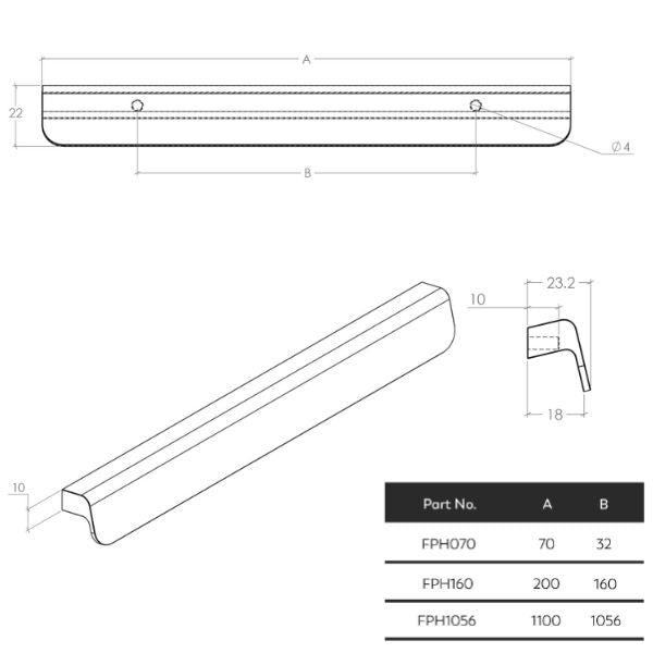 Momo Handles Flapp Timber Pull Handle Technical Drawing | The Blue Space