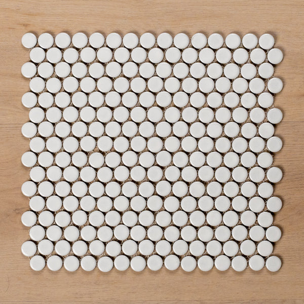 Mooloolaba Gloss White Porcelain Penny Round Mosaic Tile 20x20mm - The Blue Space