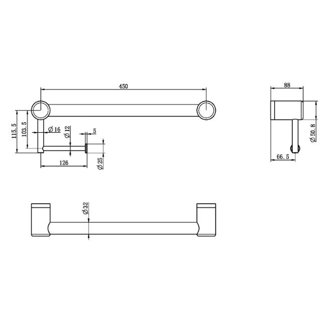 Nero Mecca Care 32mm Grab Rail With Toilet Roll Holder 450mm Brushed Gold
