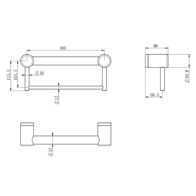 Nero Mecca Care 32mm Grab Rail With Towel Holder 300mm Matte Black