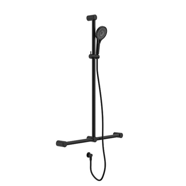 Nero Mecca Care 32mm T Bar Grab Rail and Adjustable Shower Set 1100x750mm Matte Black NRCS006MB - The Blue Space