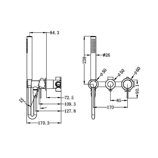 Technical Drawing Nero Mecca Shower Mixer Divertor System Separate Back Plate in Gun Metal NR221912FGM - The Blue Space