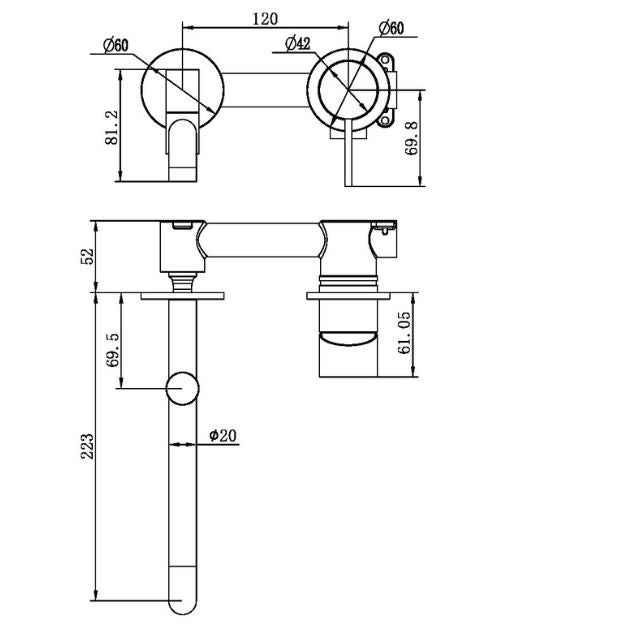 Technical Drawing Nero Mecca Wall Basin/Bath Mixer Set with Swivel Spout Length 225mm in Matte Black NR221910RMB - The Blue Space