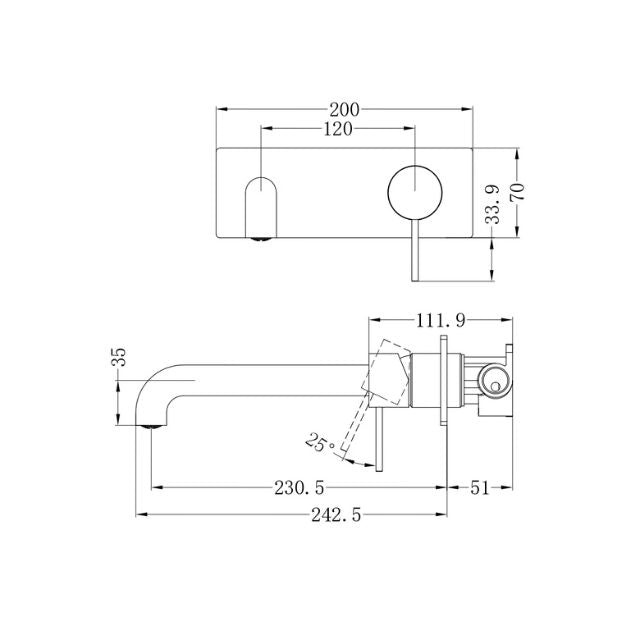 Technical Drawing Nero Mecca Wall Basin Mixer 230mm Spout Brushed Bronze - NR221910a230BZ - The Blue Space