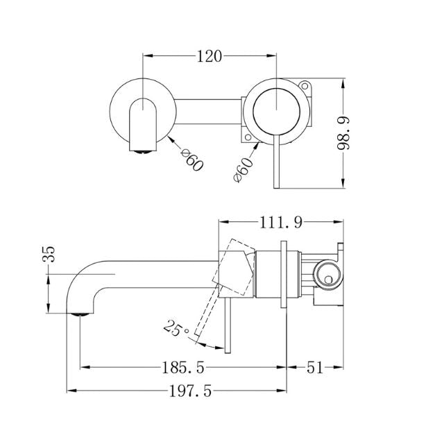 Technical Drawing Nero Mecca Wall Basin Mixer Separate Backplate 185mm Spout Matte White - NR221910C185MW - The Blue Space