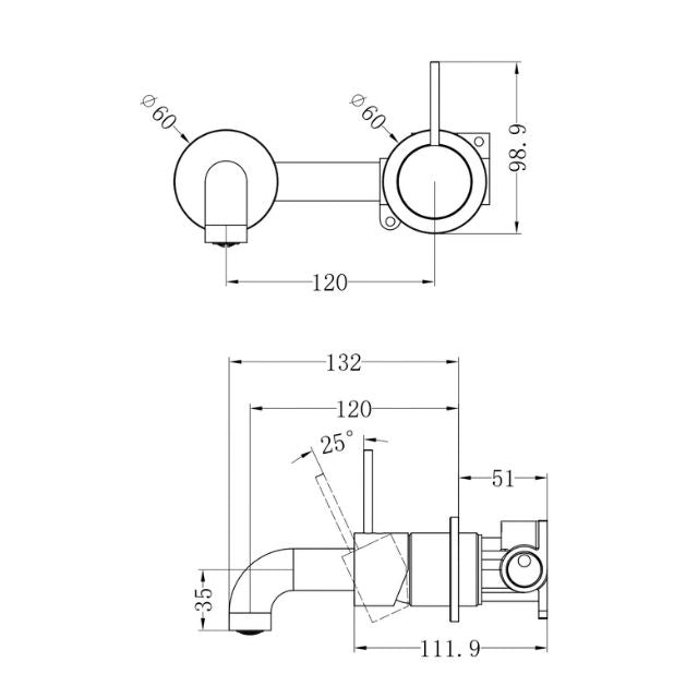 Technical Drawing Nero Mecca Wall Basin Mixer Separate Backplate Handle Up 120mm Spout Brushed Gold - NR221910D120BG - The Blue Space