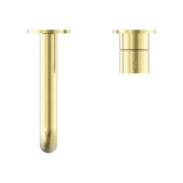 Buy Nero Mecca Wall Basin Mixer Separate Backplate Handle Up 120mm Spout Brushed Gold - NR221910D120BG - The Blue Space