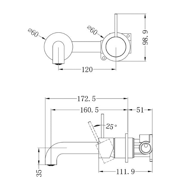 Technical Drawing Nero Mecca Wall Basin Mixer Separate Backplate Handle Up 160mm Spout Brushed Bronze - NR221910D160BZ - The Blue Space