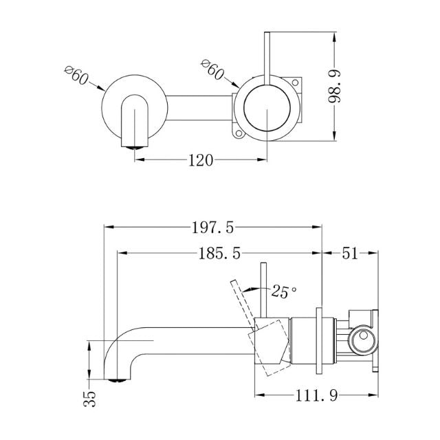 Technical Drawing Nero Mecca Wall Basin Mixer Separate Backplate Handle Up 185mm Spout Matte White - NR221910D185MW - The Blue Space