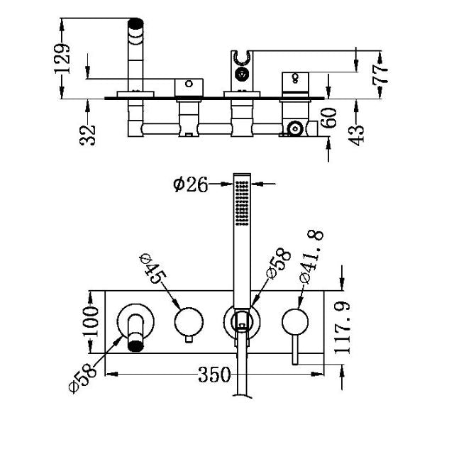 Technical Drawing Nero Mecca Wall Mount Bath Mixer with Hand Shower Matte Black NR221903dMB - The Blue Space