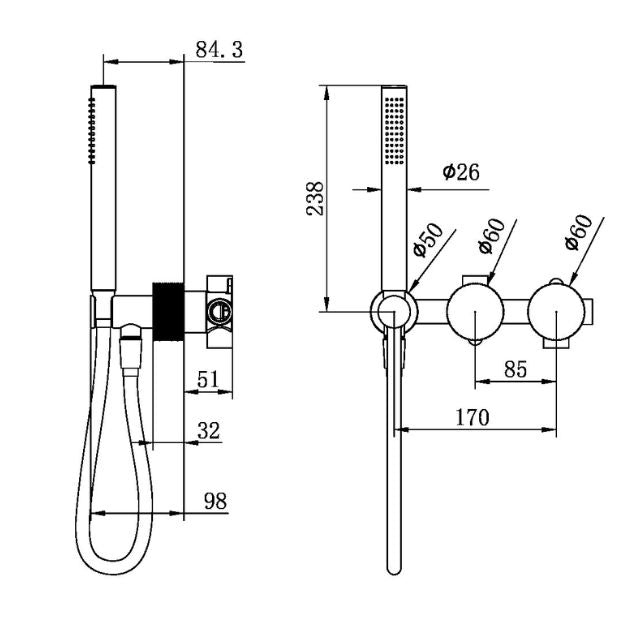Technical Drawing Nero Opal Progressive Shower System Separate Plate Brushed Gold NR252003DBG - The Blue Space