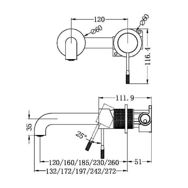 Nero Opal Wall Basin/Bath Mixer Separate Back Plate 230mm Graphite
