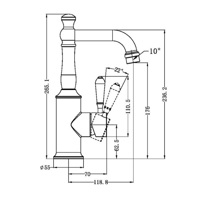 Technical Drawing Nero York Basin Mixer With Metal Lever Aged Brass NR69210102AB - The Blue Space