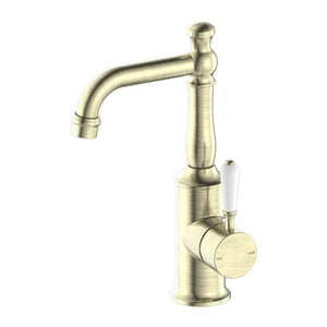 Nero York Basin Mixer With White Porcelain Lever Aged Brass