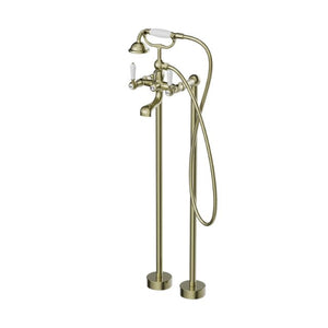 Nero York Freestanding Bath Set With White Porcelain Hand Shower Aged Brass