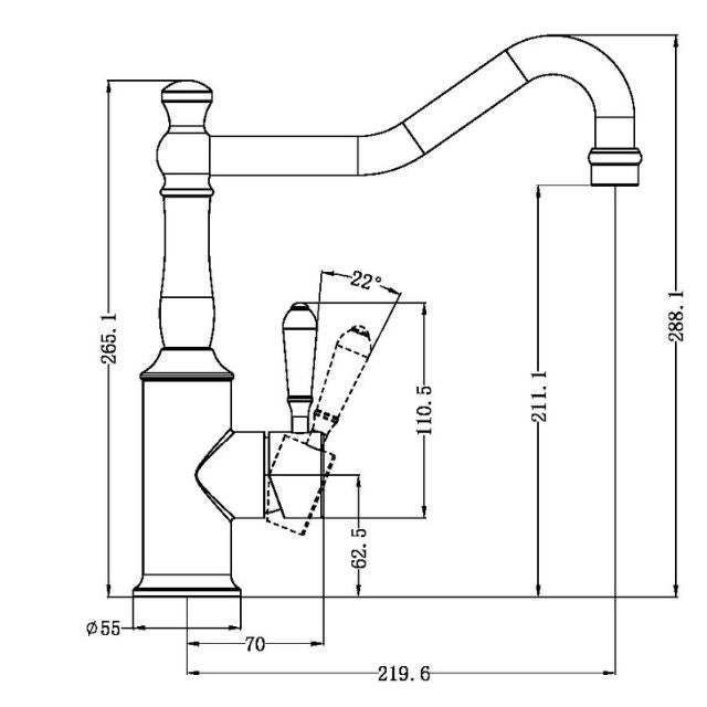 Technical Drawing Nero York Kitchen Mixer Hook Spout With Metal Lever Aged Brass NR69210702AB - The Blue Space