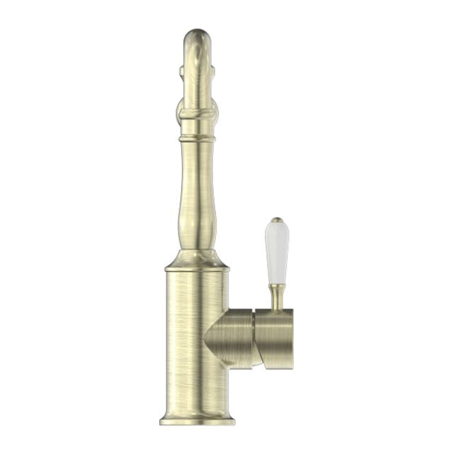 Nero York Kitchen Mixer Hook Spout With White Porcelain Lever Aged Brass