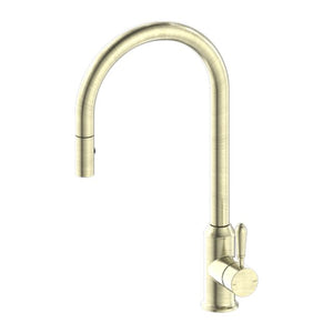 Nero York Pull Out Sink Mixer with Vegie Spray Function with Metal Lever Aged Brass