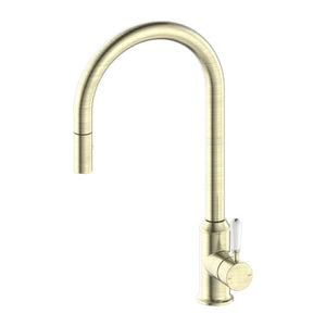 Nero York Pull Out Sink Mixer With Vegie Spray Function With White Porcelain Lever Aged Brass