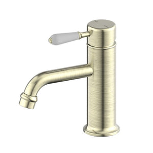 Nero York Straight Basin Mixer With White Porcelain Lever Aged Brass