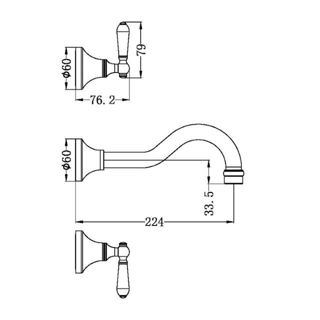 Technical Drawing Nero York Wall Basin Set With White Porcelain Lever Aged Brass NR692107a01AB - The Blue Space